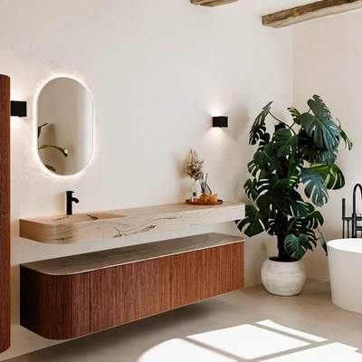 MONDIAZ THOR-DLUX Meuble de salle de bains - 190cm - arrondi gauche + droite - couleur Ruby - 2 tiroirs et 2 portes - Vasque suspendue CLOUD Gauche 1 trou de robinet - couleur Arena