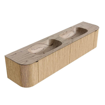 MONDIAZ KURVE-DLUX 200cm badmeubel ronding Links + Rechts kleur Oak met 2 lades en 2 deuren. Wastafel STOR SMALL Dubbel 2 kraangaten Arena.