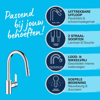 Grohe Robinet de cuisine 1 trou avec bec pivotant haut et surplomb de douchette 22,3 cm chrome