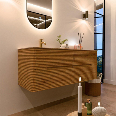 Mondiaz CIRO-DLUX Meuble de salle de bains - 130x45x50cm - Plan vasque solid surface Arena - 1 lavabo à gauche - 1 trou de robinet - 4 tiroirs - Chêne