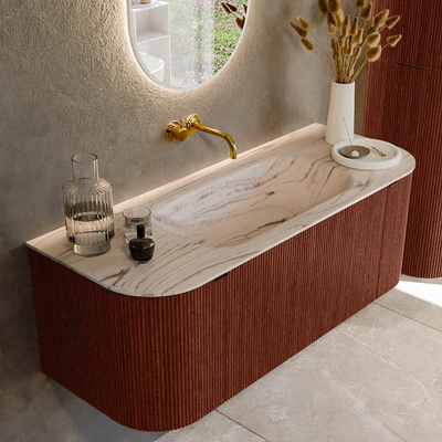 MONDIAZ KURVE-DLUX 120cm badmeubel ronding Links + Rechts kleur Ruby met 1 lade en 2 deuren. Wastafel BIG SMALL Midden zonder kraangat Nata.