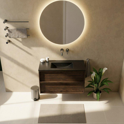 Saniclass Holz Frame Ensemble de meubles de salle de bains - 100x45x62cm - Vygo lavabo en céramique noir - 1 vasque - sans trou de robinet - 2 tiroirs - chêne charcoal mat (bois)