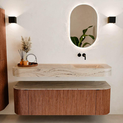 MONDIAZ THOR-DLUX 150cm meuble de salle de bains arrondi gauche + droite couleur Ruby avec 1 tiroir et 2 portes. Vasque suspendue CLOUD Droite sans trou de robinet couleur Arena.