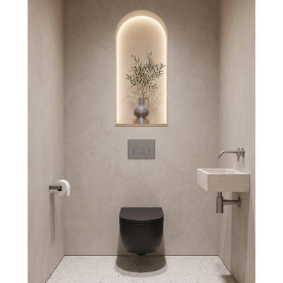 QeramiQ Dely Swirl Toiletset - 36.3x51.7cm - Geberit UP320 inbouwreservoir - met Burda frame - 35mm zitting - bedieningsplaat licht grijs - rechthoekige knoppen - mat zwart