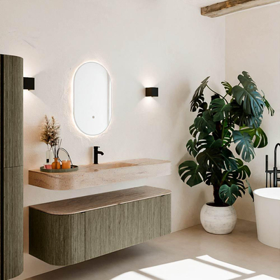 MONDIAZ THOR-DLUX 140cm badmeubel ronding links + rechts kleur Shadow met 1 lade en 2 deuren. Vrijhangende wastafel CLOUD Midden 1 kraangat kleur Saba.