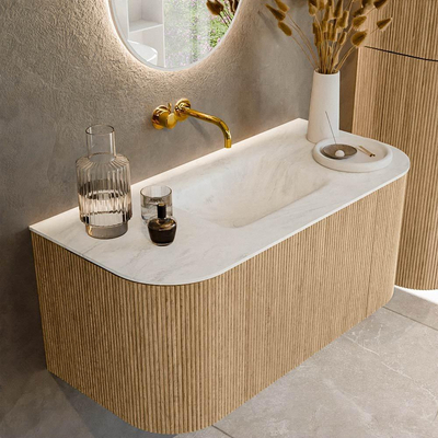 MONDIAZ KURVE-DLUX 100cm Meuble salle de bain avec module 25 G et D - couleur Oak - 1 tiroir - 2 portes - vasque GRUNNE centre - sans trou de robinet - couleur Opalo