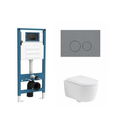 QeramiQ Dely Swirl Ensemble WC - réservoir encastré Qeramiq Flush - abattant 35mm - plaque de commande en plastique gris clair - boutons ronds - blanc mat