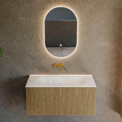 Mondiaz KURVE-DLUX Ensemble de meuble salle de bain - 90x46x40cm - 1 tiroir - lavabo en solid surface - milieu - sans trou de robinet - Dusk