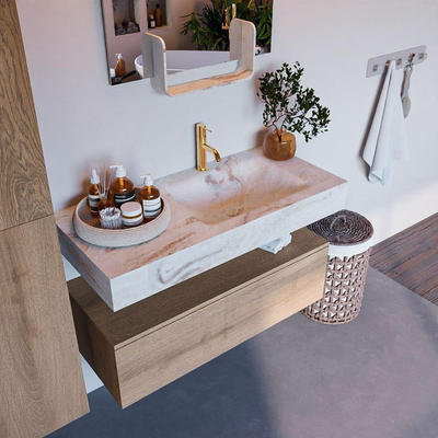 Mondiaz ALAN-DLUX Ensemble de meuble - 100cm - meuble Washed Oak mat - 1 tiroir - Lavabo Cloud Frappe suspendu - vasque Droite - 1 trou de robinet