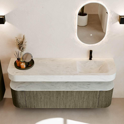 MONDIAZ THOR-DLUX 170cm meuble de salle de bains arrondi gauche + droite couleur Shadow avec 1 tiroir et 2 portes. Vasque suspendue CLOUD Droite 1 trou de robinet couleur Opalo.