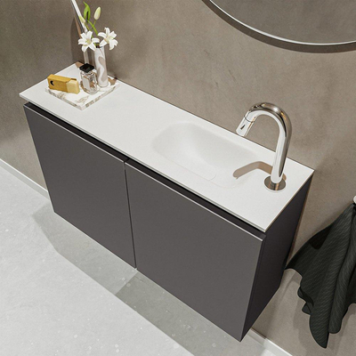MONDIAZ TURE Kit lave-mains - 80x23x50cm - 1 trou de robinet - 2 portes - gris foncé mat - Lavabo à droite - Acrylique Blanc