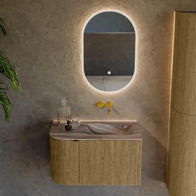 MONDIAZ KURVE-DLUX Meuble de salle de bains 75cm arrondi à gauche couleur Dusk avec 1 tiroir et 1 porte. Lavabo GRUNNE à droite sans trou de robinet Sombra.