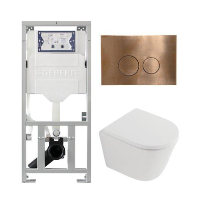 QeramiQ Dely Pack WC - 36,3x51,7cm - à fond creux - sans bride - réservoir encastré Geberit UP320 - abattant WC softclose 35 mm - plaque de commande en cuivre - boutons ronds - blanc mat