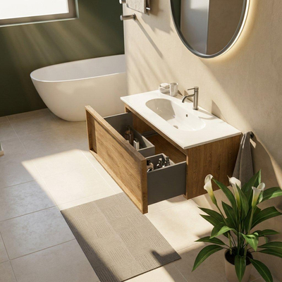 Saniclass Holz Frame Ensemble meuble de salle de bains - 100x45x53.9cm - lavabo Chaci en céramique blanc - 1 vasque - 1 trou de robinet - 1 tiroir - chêne naturel mat (bois)