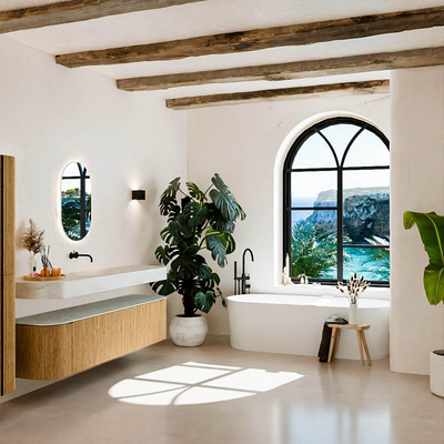 MONDIAZ THOR-DLUX 190cm badmeubel ronding links + rechts kleur Oak met 2 lades en 2 deuren. Vrijhangende wastafel CLOUD Midden zonder kraangat kleur Opalo.