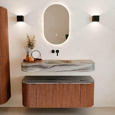 MONDIAZ THOR-DLUX 120cm badmeubel ronding links + rechts kleur Ruby met 1 lade en 2 deuren. Vrijhangende wastafel CLOUD Midden zonder kraangat kleur Sombra.
