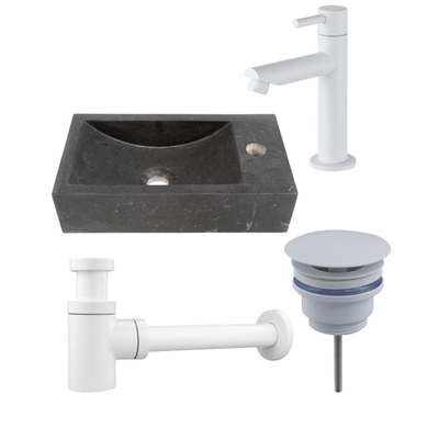 Saniclass Fuente fonteinset - 40x22 - 1 kraangat - rechts - natuursteen - fonteinkraan wit mat - donker