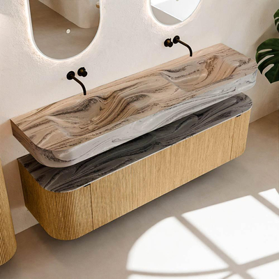 MONDIAZ THOR-DLUX 170cm badmeubel ronding links + rechts kleur Oak met 1 lade en 2 deuren. Vrijhangende wastafel CLOUD Dubbel zonder kraangat kleur Sombra.