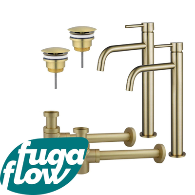 FugaFlow Eccelente Sobrado Badkamer Slim Wastafelkraanset - voor dubbele wastafel - verhoogde wastafelkraan - always open plug - verlaagde design sifon - PVD Geborsteld Messing