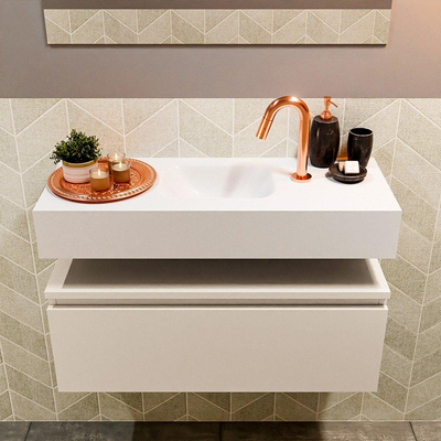 MONDIAZ ANDOR Meuble WC - 80x30x30cm - 1 trou de robinet - 1 tiroir - linen mat - vasque au milieu - Solid surface - Blanc