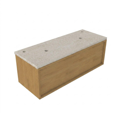Saniclass Holz Frame Ensemble de meubles de salle de bains - 120x45x43cm - Plan de travail en pierre naturelle travertin - 2 trous de robinet - 1 tiroir - chêne natural mat (bois)