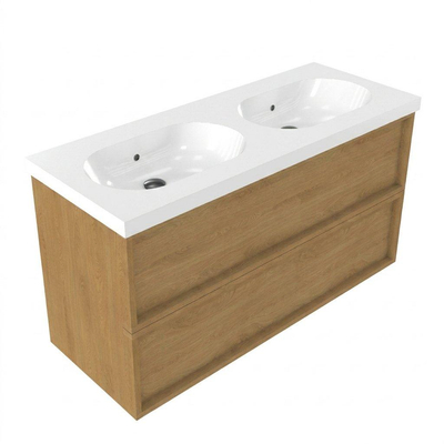 Saniclass Holz Frame Ensemble meuble de salle de bains - 120x45x63.5cm - lavabo Palermo en céramique blanc - 2 vasques - sans trous de robinet - 2 tiroirs - chêne natural mat (bois)
