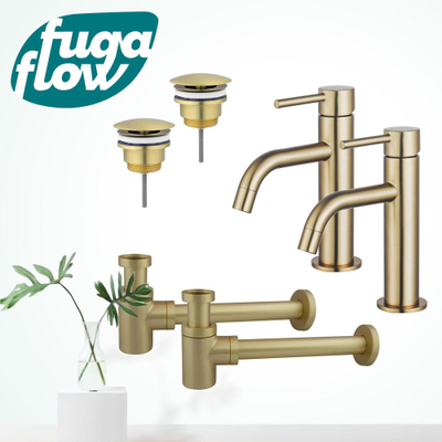 FugaFlow Eccelente Sobrado Badkamer Slim Wastafelkraanset - voor dubbele wastafel - lage wastafelkraan - always open plug - verlaagde design sifon - PVD Geborsteld Messing