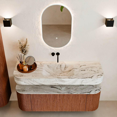 MONDIAZ THOR-DLUX 140cm meuble de salle de bains arrondi gauche + droite couleur Ruby avec 1 tiroir et 2 portes. Vasque suspendue CLOUD Milieu sans trou de robinet couleur Glace.