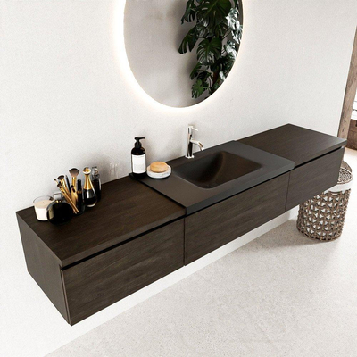 MONDIAZ BUKLA 200cm meuble de salle de bains avec module 60 couleur Dark Brown avec 3 tiroirs. Lavabo CLOUD au milieu 1 trou de robinet couleur Urban.