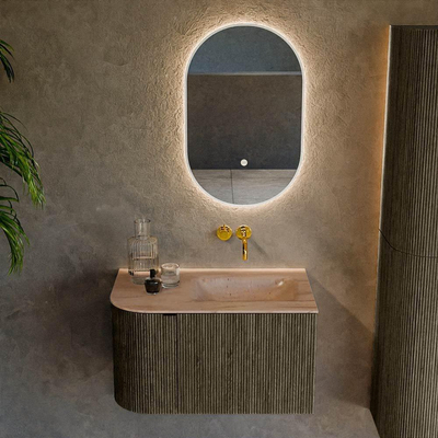 MONDIAZ KURVE-DLUX Meuble de salle de bains 75cm arrondi à gauche couleur Shadow avec 1 tiroir et 1 porte. Lavabo GRUNNE à droite sans trou de robinet Saba.