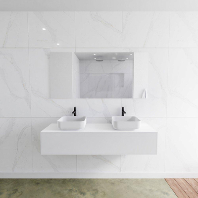 Mondiaz Lagom Meuble salle de bains 150x30.9x45cm Solid Surface Talc 1 tiroir avec lavabo BINX vasque à poser double Gauche et droite 2 trous de robinet