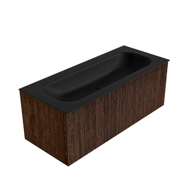 MONDIAZ KURVE 110cm badmeubel kleur Walnut met 1 lade. Wastafel BIG MEDIUM midden 1 kraangat Urban.