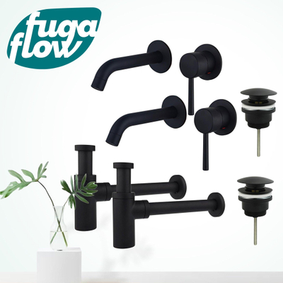 FugaFlow Eccelente Sobrado Kit robinet lavabo - pour double vasque - robinet rehaussé - bonde clic clac - siphon design - Noir mat