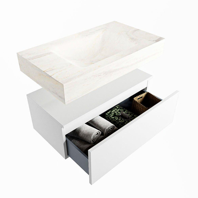 Mondiaz ALAN-DLUX Ensemble de meuble - 80cm - meuble Talc mat - 1 tiroir - Lavabo Cloud Ostra suspendu - vasque Centre - 1 trou de robinet