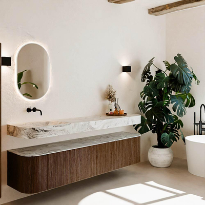 MONDIAZ THOR-DLUX 200cm badmeubel ronding links + rechts kleur Walnut met 2 lades en 2 deuren. Vrijhangende wastafel CLOUD Links zonder kraangat kleur Glace.