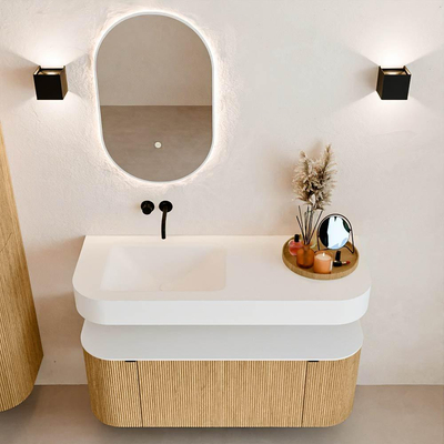 MONDIAZ THOR 120cm meuble de salle de bains arrondi gauche + droite couleur Oak avec 1 tiroir et 2 portes. Vasque suspendue CLOUD Gauche sans trou de robinet couleur Talc.