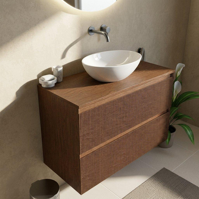 Saniclass Holz Atelier Ensemble meuble de salle de bains - 100x45x62cm - plan de travail en bois - sans trou de robinetterie - 2 tiroirs - walnut pure mat (bois)