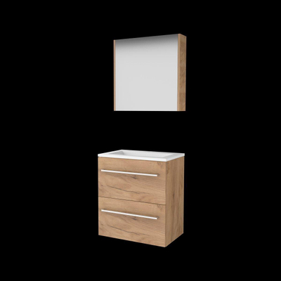 Basic-Line Comfort 39 ensemble de meubles de salle de bain 60x39cm avec poignées 2 tiroirs lavabo acrylique 1 trou de robinetterie armoire de toilette mfc whisky oak