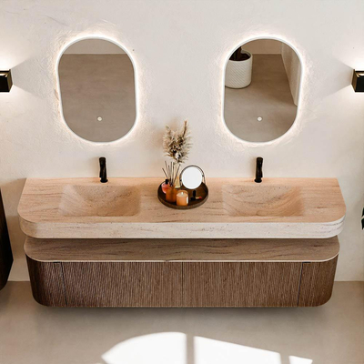 MONDIAZ THOR-DLUX 200cm meuble de salle de bains arrondi à gauche + à droite couleur Noyer avec 2 tiroirs et 2 portes. Lavabo suspendu CLOUD Double 2 trous de robinet couleur Saba.