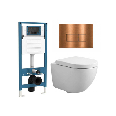 QeramiQ Dely Swirl Ensemble WC Compact - bâti-support QeramiQ flush - abattant 25 mm - plaque de commande métallique cuivre - boutons rectangulaires - blanc brillant
