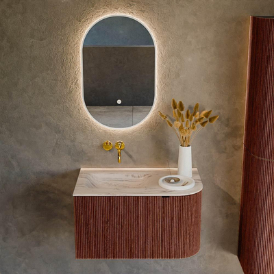 MONDIAZ KURVE-DLUX meuble de salle de bains 75cm arrondi à droite couleur Ruby avec 1 tiroir et 1 porte. Lavabo GRUNNE à gauche sans trou de robinet Nata.