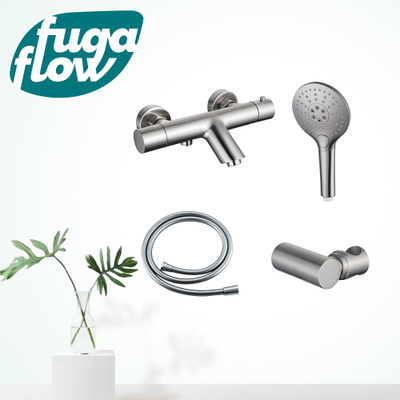 FugaFlow Eccelente Sobrado Badkamer Thermostatische badkraan met ronde handdouche, handdouchehouder en gladde doucheslang geborsteld RVS PVD