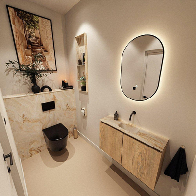 MONDIAZ TURE-DLUX meuble WC 80 cm Washed Oak. Lavabo EDEN Frappe position milieu. Sans trou de robinet.