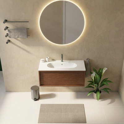 Saniclass Holz Frame Ensemble de meubles de salle de bains - 100x45x53.9cm - Lavabo Chaci en céramique blanc - 1 vasque - 1 trou de robinet - 1 tiroir - walnut pure mat (bois)