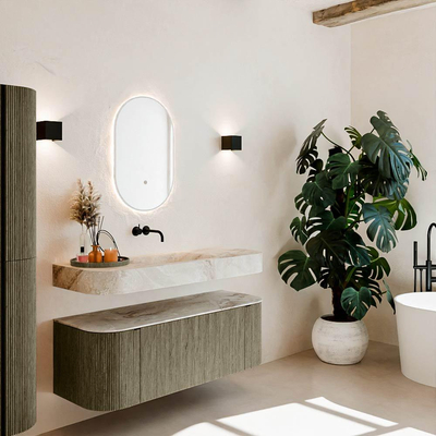 MONDIAZ THOR-DLUX 130cm meuble de salle de bains arrondi gauche + droite couleur Shadow avec 1 tiroir et 2 portes. Vasque suspendue CLOUD Milieu sans trou de robinet couleur Frappe.