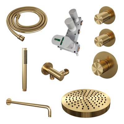 BRAUER Stripe Thermostatische Inbouw Regendouche - SET 02 - 25cm douchekop - gebogen muurarm - staaf handdouche - doucheslang - wandaansluitbocht - goud geborsteld PVD