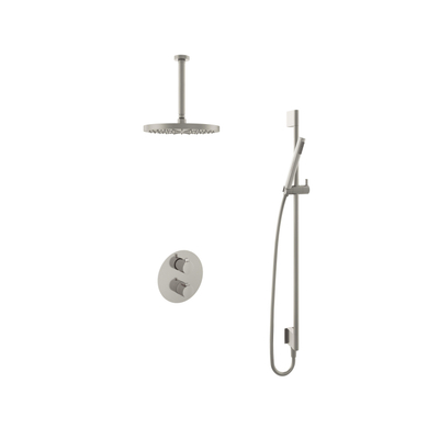 Hotbath Buddy IBS Ensemble de douche pluie - bras de plafond 30 cm - douche de tête ronde 30 cm - douchette à main bâton - barre de douche - nickel brossé