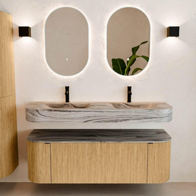 MONDIAZ THOR-DLUX 140cm badmeubel ronding links + rechts kleur Oak met 1 lade en 2 deuren. Vrijhangende wastafel CLOUD Dubbel 2 kraangaten kleur Sombra.