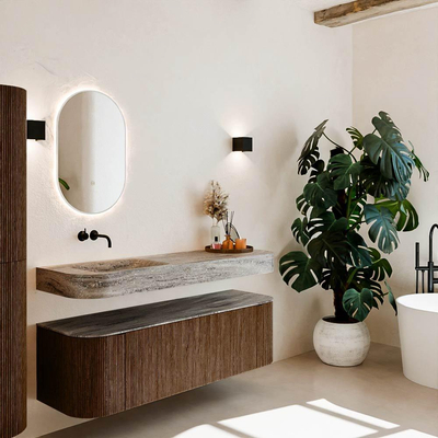 MONDIAZ THOR-DLUX 150cm meuble de salle de bains arrondi gauche + droite couleur Walnut avec 1 tiroir et 2 portes. Vasque suspendue CLOUD Gauche sans trou de robinet couleur Oza.