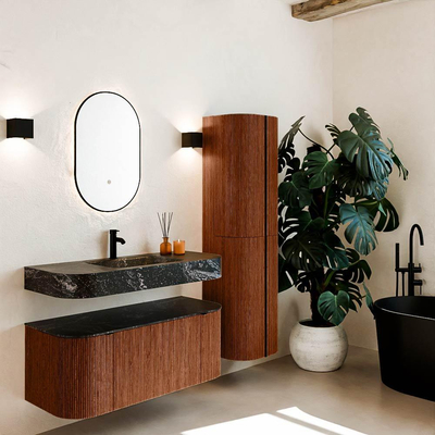 MONDIAZ THOR-DLUX Meuble de salle de bains 110cm arrondi gauche + droite couleur Ruby avec 1 tiroir et 2 portes. Vasque suspendue CLOUD Milieu 1 trou de robinet couleur Lava.